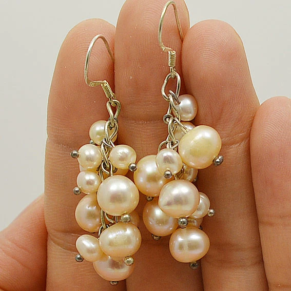 Pendientes de perlas de agua dulce, pendientes de perlas de uva de racimo,  gancho de Plata de Ley 925, joyería de perlas reales de color rosa Natural  