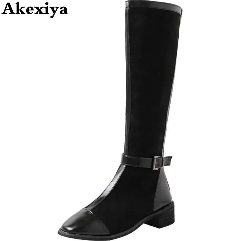 

knee-high Boots Women Winter pu Leather Pointed Toe Thick High heel Metal Boots Zipper Plush Lining Ladies Shoe