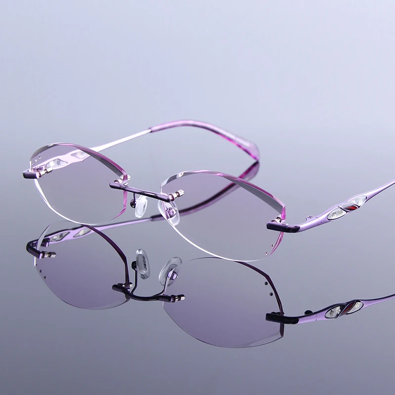 Fashion Women Rhinestone Rimless Reading Glasses Purple Readers