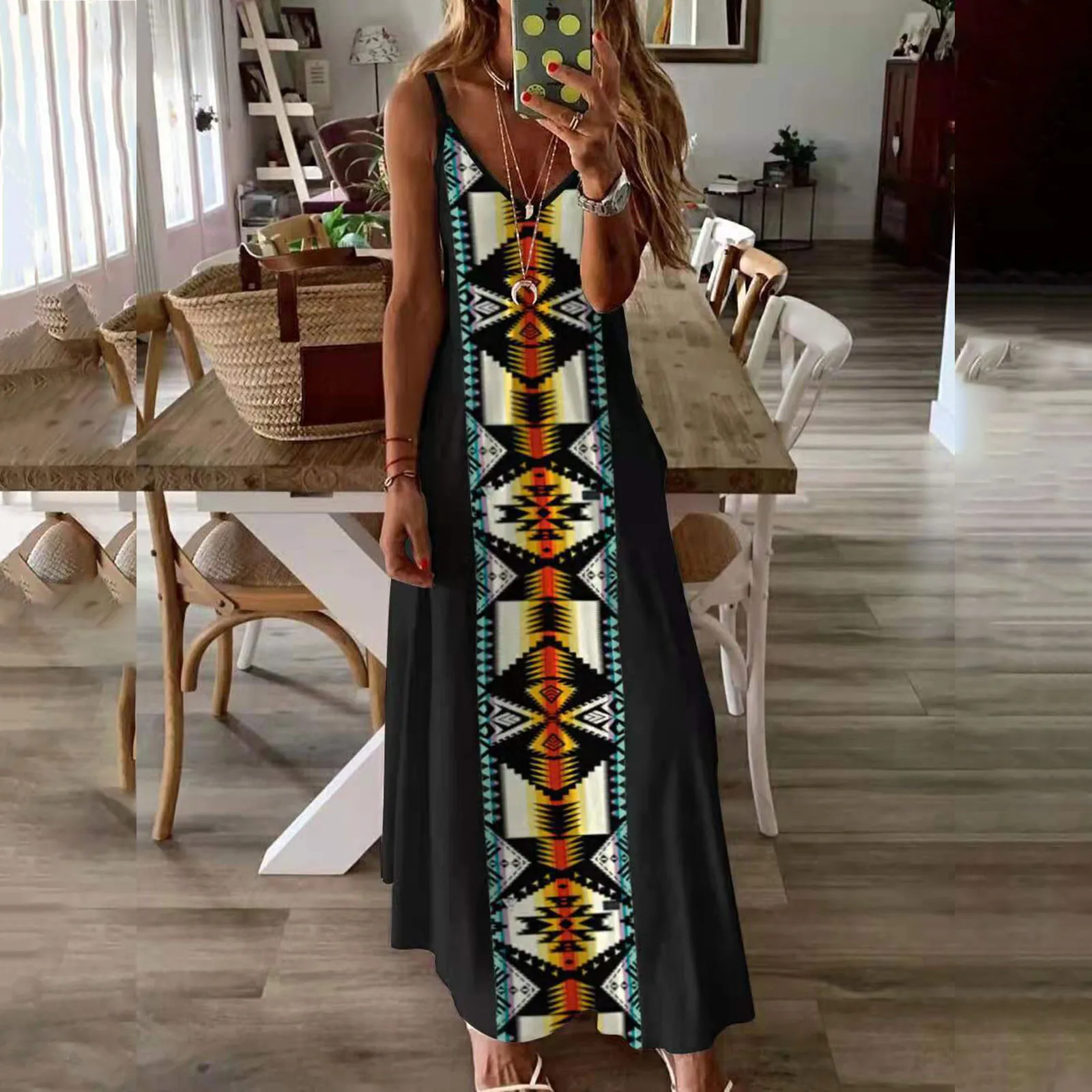 Summer Dress 2021 Women Fashion Maxi Dress Sling Mid-waist V-neck Printing Slim Beach Pocket Long Dresses For Women Zomer Jurk 1