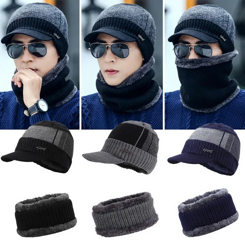 2021 Winter Hat For Men Solid Men's Knitted Hat Winter Beanies Hat Warm Outdoor Cold-proof Accessories Thick Fleece Inside Cap fisherman skully