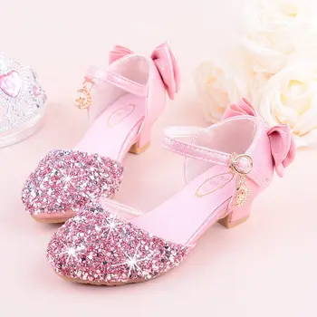 

2020 New Girls Bling Glitter Bowtie Sandals with high-heeled, Kids Princess Dance Performance Summer shoes, silver & Pink, 26-38