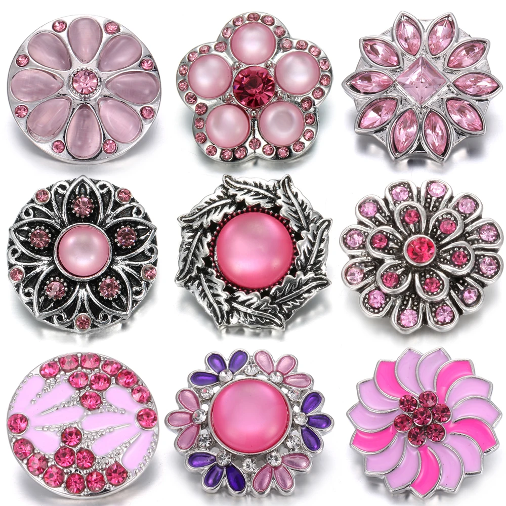 6pcs/lot New Snap Jewelry Pink Rhinestone Flower 18mm Snap Buttons Fit