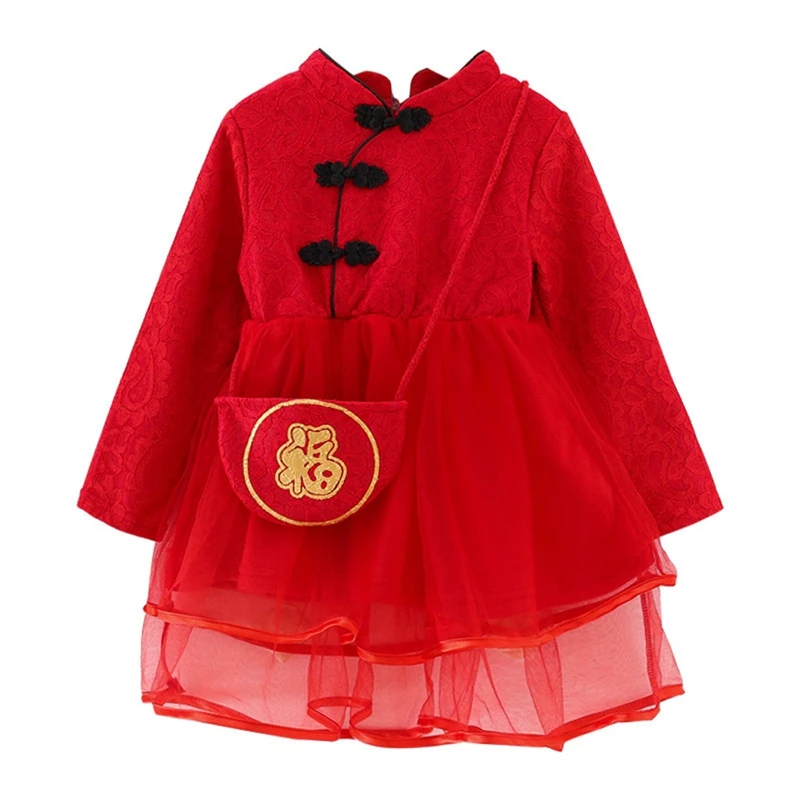 Китайское Новогоднее платье; Cheongsam; Детские платья с фатиновой юбкой с цветочной вышивкой для маленьких девочек; сезон зима-весна; платье принцессы с начесом+ сумка на удачу