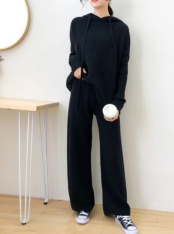 picture color Autumn Winter Women Wool Knitted suit soft warm Suit Female wide legs pullover sweater& pant 2 piece set - Цвет: picture color