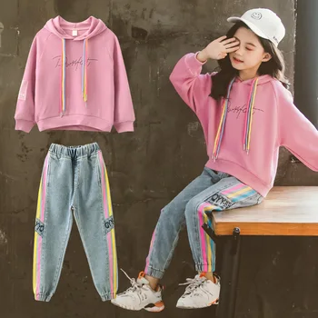 

Jeans Suits for 8 10 12 years Girl Long Sleeve Hoodie Casual Two-Piece Set Spring Autumn Children Outfit