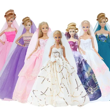 

High Quality 1x Wedding Party Dress Lace Gown Evening Party Princess Skirt + 1x Veil Clothes For Barbie Doll Accessories Kid Toy