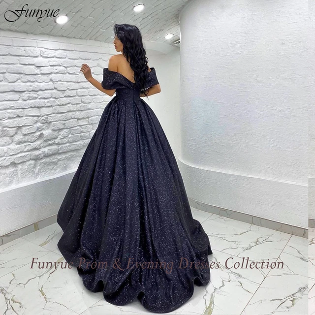 Chic / Beautiful Navy Blue Glitter Satin Prom Dresses 2022 A-Line