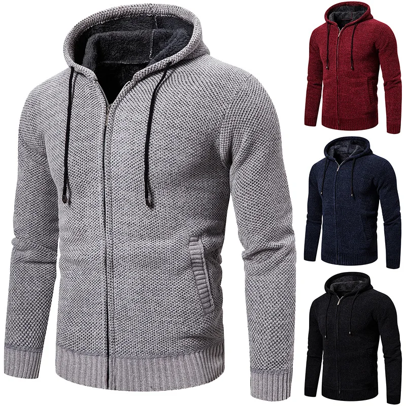 

2020 Men's Jacket Cloths Winter Solid Color Thickened Sweater with Hood Loose Casual Knitted Sweater Men's Cardigan Hoodie