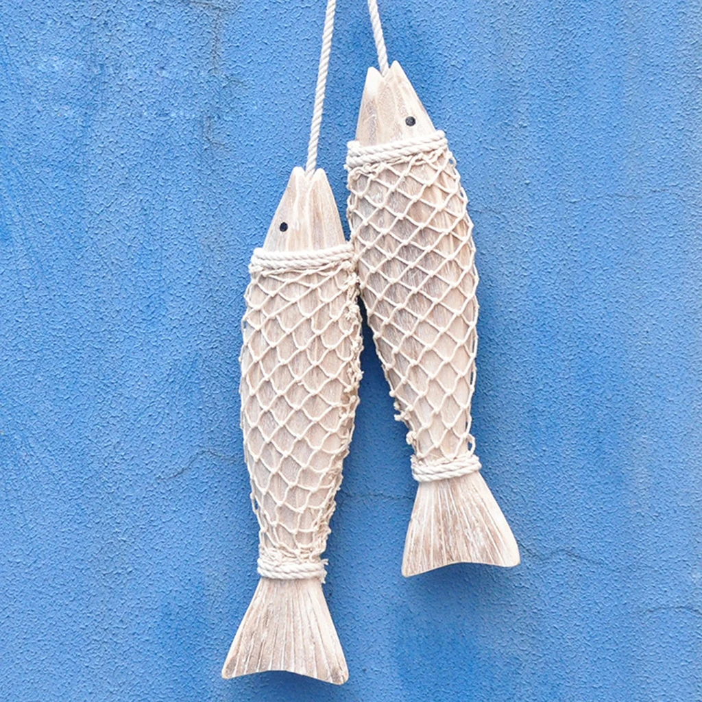 2x Wooden Fish Hanging Decor Nautical Rustic Vintage Shabby Chic Bathroom S