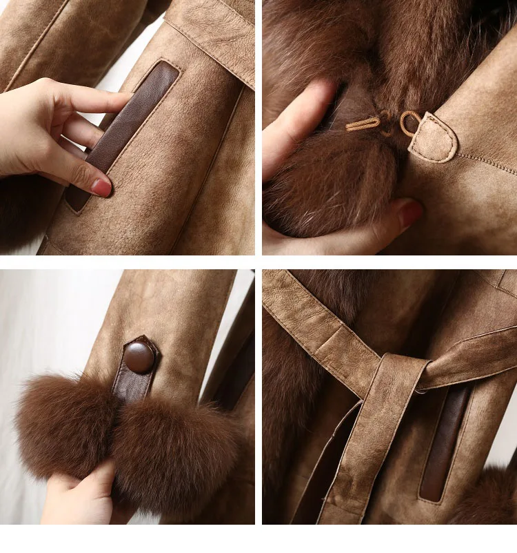 fashion winter new real leather lamb fur grass one coat coat women's long fox windbreaker fur
