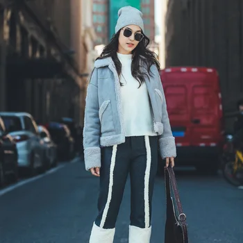 

2019 Winter Suede Leather Jacket Women Short Lamb Wool Motorcycle Thick Lambs Wool Warm Sheepskin Shearling Coat faux leather