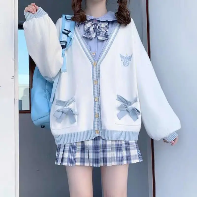 Japanese School Uniform Japanese Girls Loli V-neck JK Uniforms Cute Sweet Sweater Jackets Cardigan Women Student School College Style Cosplay Costumes