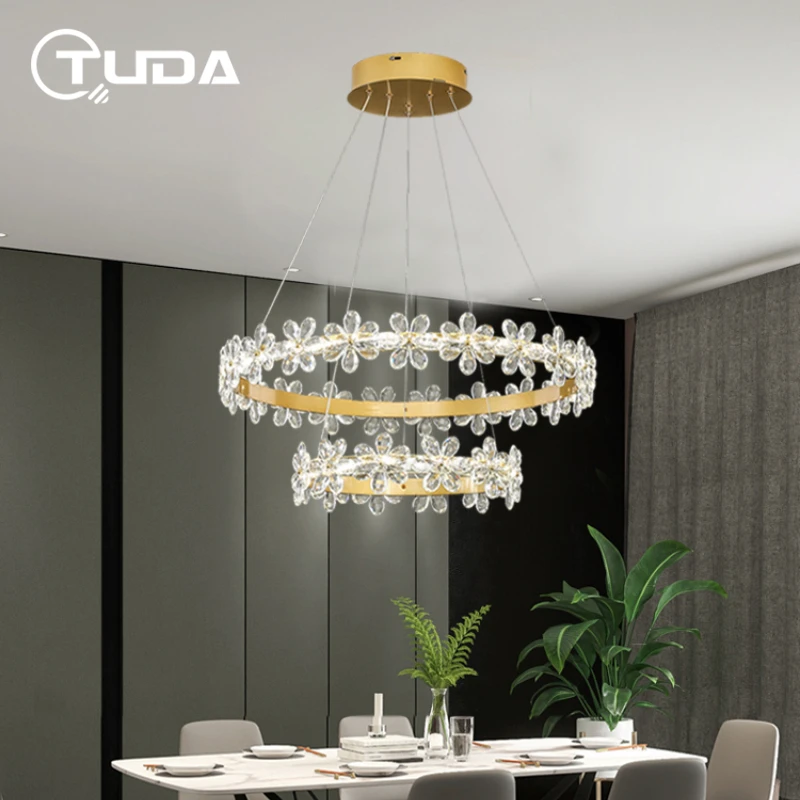 

Круглая Подвеска, лампа для гостиной, тороидальная лампа для столовой, спальни, современный простой подвесной светильник с цветочной резьбой и кристаллами