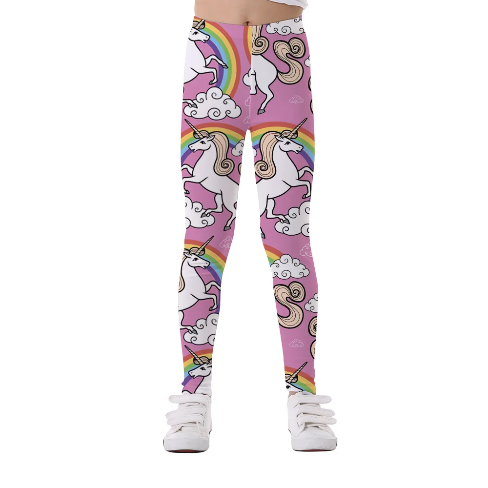 От 5 до 12 лет, брюки-дудочки с печатным рисунком для девочек, штаны на весну-осень, леггинсы с рисунком единорогов и радуги, эластичные штаны для йоги