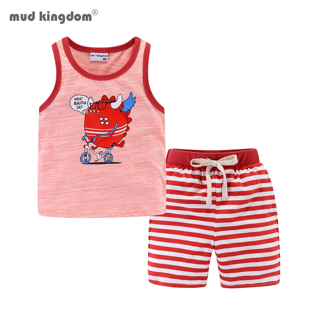 Mudkingdom Summer Boys Outfits Cartoon Sleeveless Casual Tank Tops and Striped Shorts Set for Clothes Cotton Kids Suit | Детская одежда