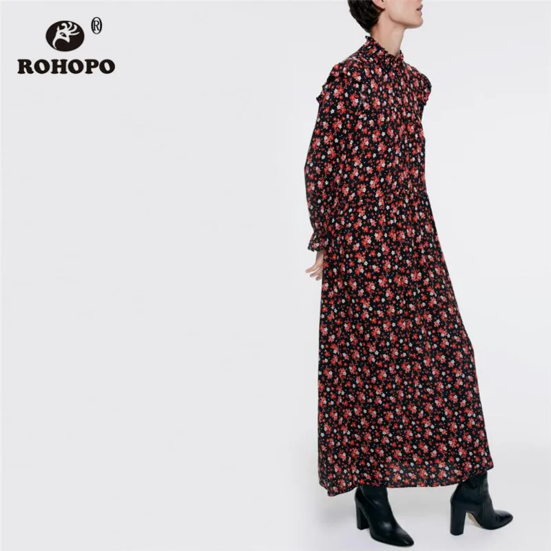 ROHOPO платье средней длины с высоким воротником красным цветочным принтом и черным