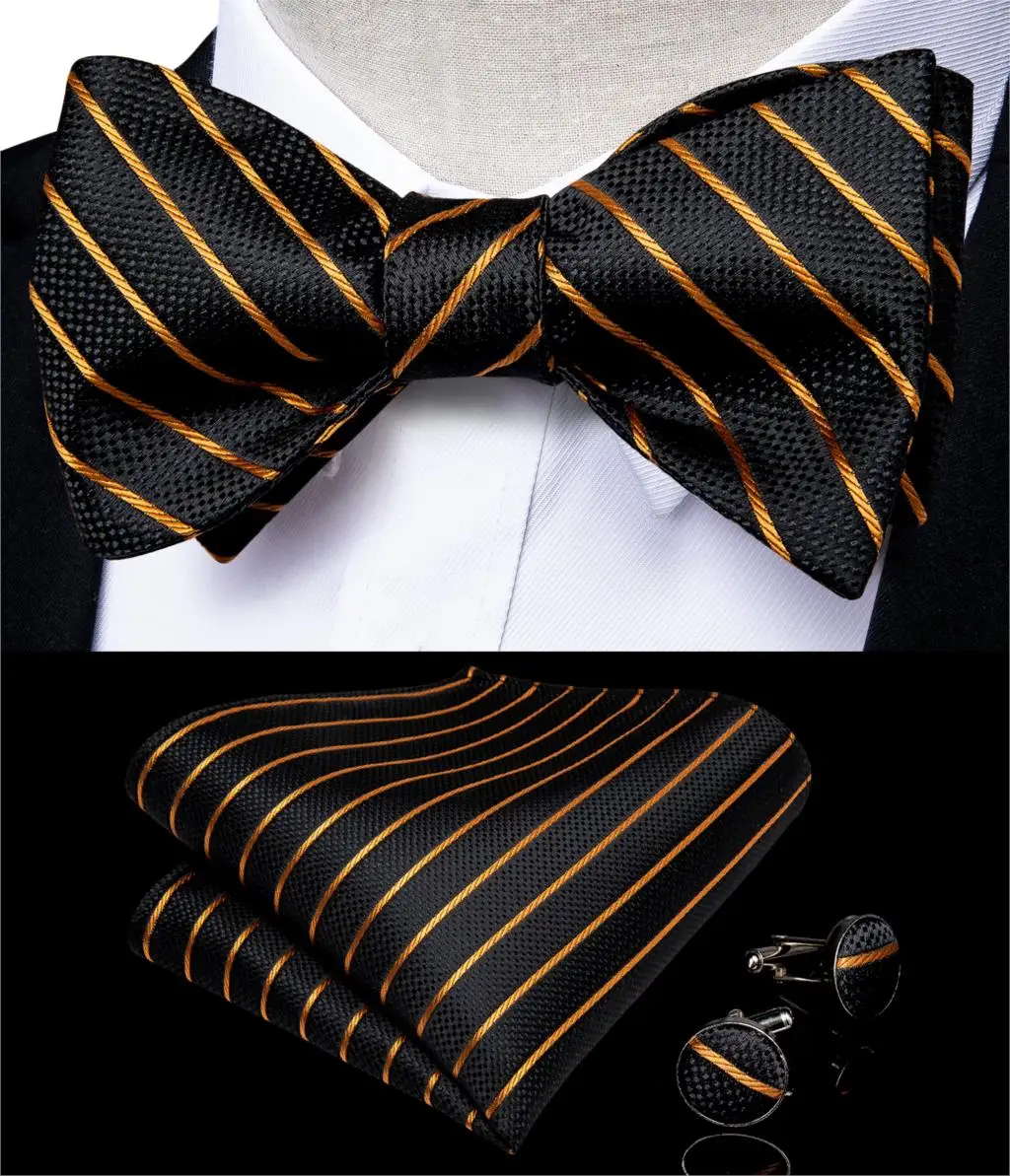 Золотистый и черный полосатый галстук для Для мужчин шелк регулируемые бабочка платок запонки галстук-бабочка набор для Свадебная