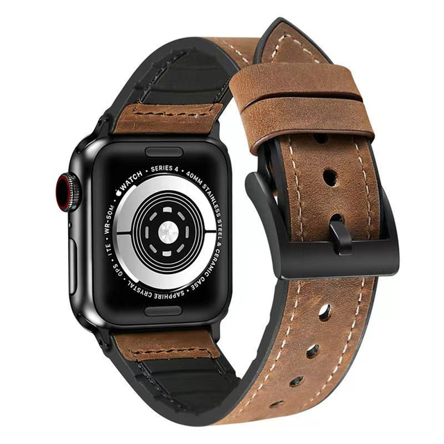Apple Watch Band 45mm 44mm 42mm Sweatproof Genuine Leather + Rubber Hybrid Band iWatch 7 6 5 4 3 SE strap 41mm 40mm 38mm