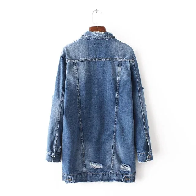 

2018 Autumn New Style WOMEN'S Dress Western Style Jeans Coat Fold-down Collar Frayed Mid-length Loose Cowboy Clothing Women's