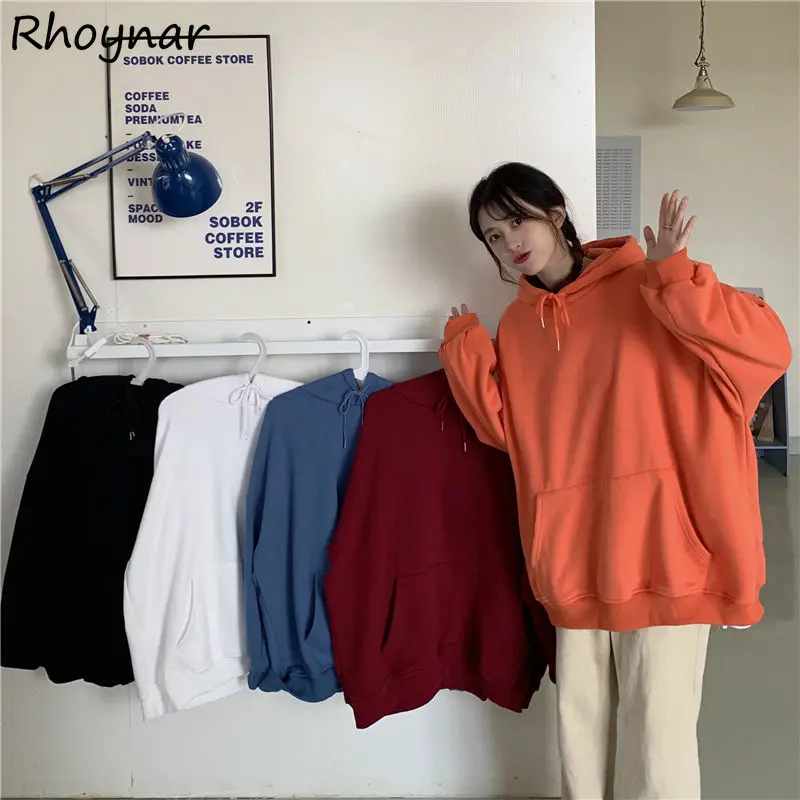 

Hoodies Women Fashion Autumn Loose Korean Style BF Aesthetic Thicker Retros Simple Solid Casual Couples College Sweet Hooded