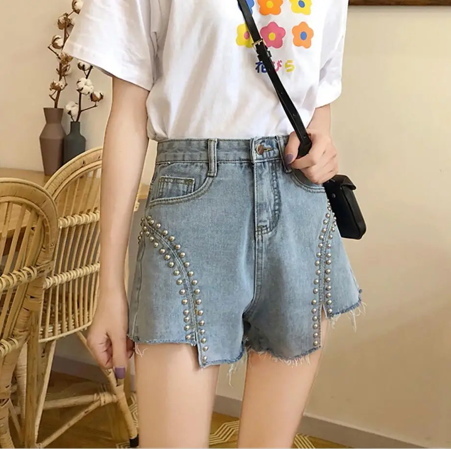 Jean Shorts Women Korean High Street Fashion Rivet High Waist Denim Shorts Female Zipper Irregular Shorts plus size 5xl q654 dickies shorts