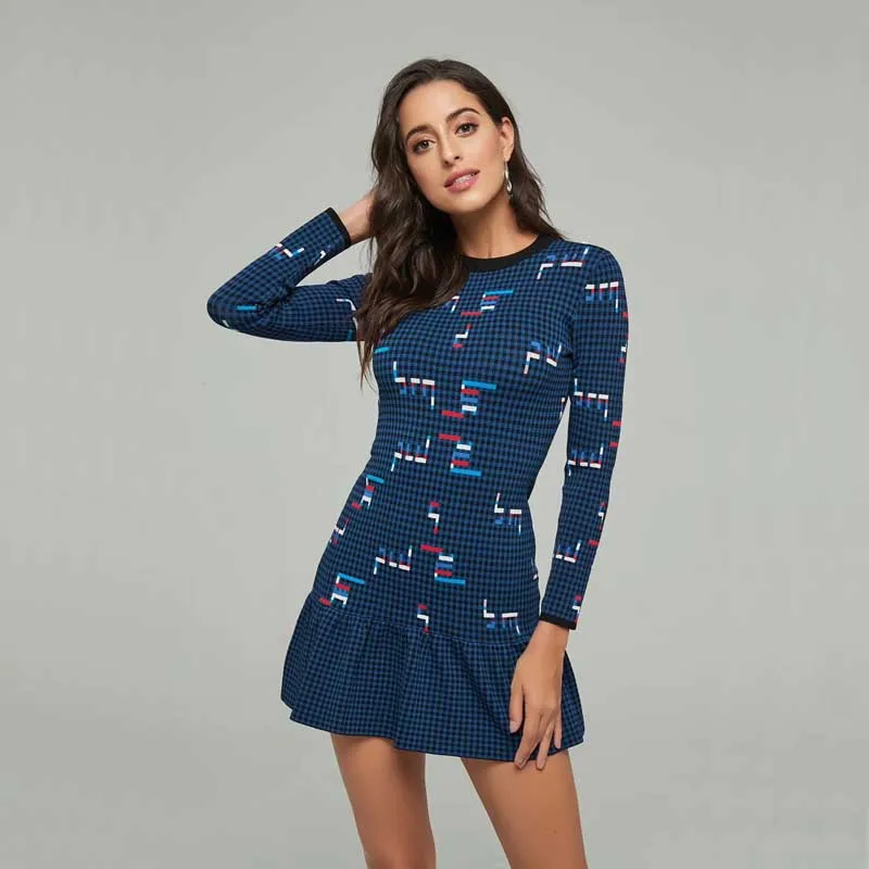 

Wholesale 2019 New woman's dress Royal blue jacquard Long sleeve Mini Leisure celebrity cocktail party bandag dress