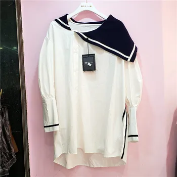 

SuperAen 2020 Autumn New Irregular Sailor Collar Shirts Loose Fashion New Desing All-match Full Women Blouse