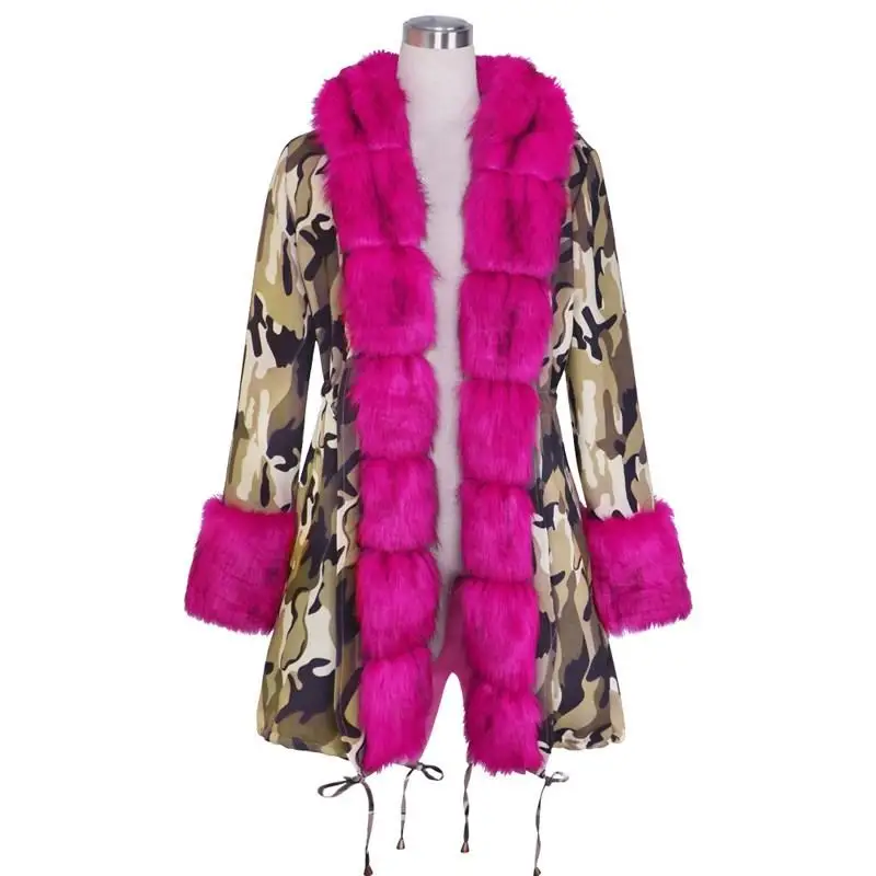 Зимняя куртка Для женщин из натурального меха, пальто Длинная парка камуфляжной расцветки с меховым капюшоном-воротником, куртка, детская парка с мехом из натурального меха, теплая плотная куртка - Цвет: Rose Red