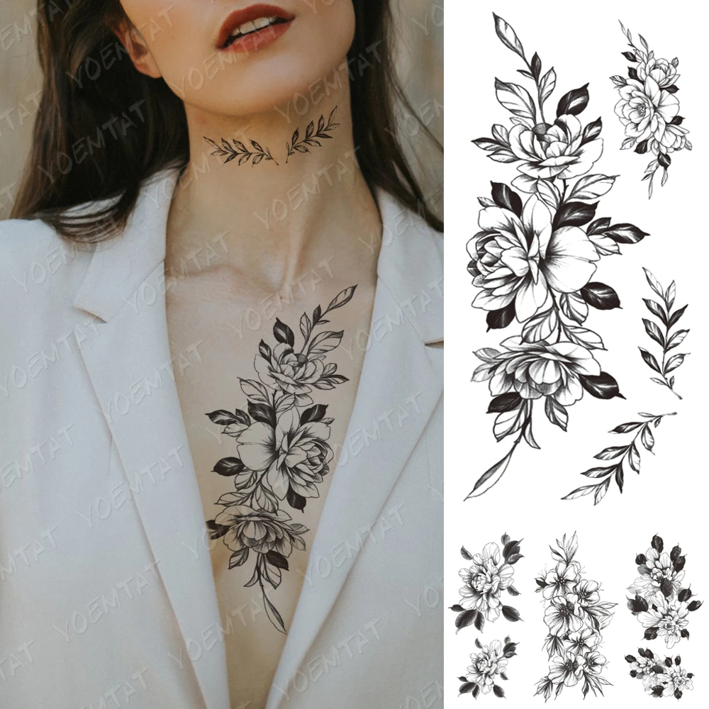 Waterproof Temporary Tattoo Sticker Peony Plum Blossom Green Leaf Flash Tattoos Female Minimalist Sketch Body Art Fake Tatto Temporary Tattoos Aliexpress
