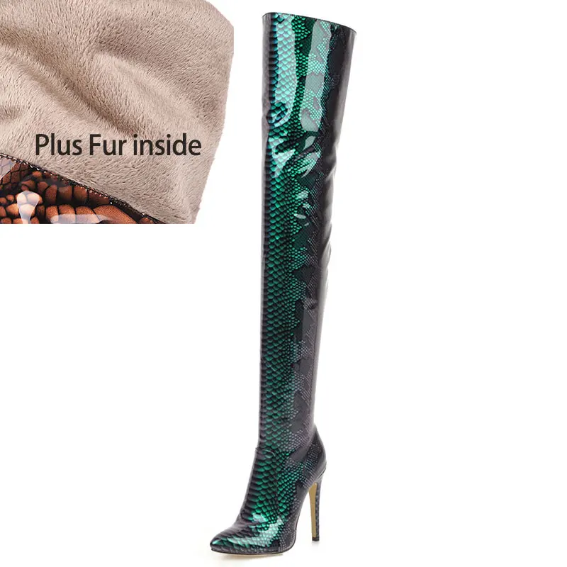 plus fur green Sgesvier/Лидер продаж; ботфорты выше колена; женские сапоги с острым носком; сезон осень-зима; вечерние сапоги на тонком высоком каблуке; женская обувь для выпускного вечера; G786 - Цвет: plus fur green