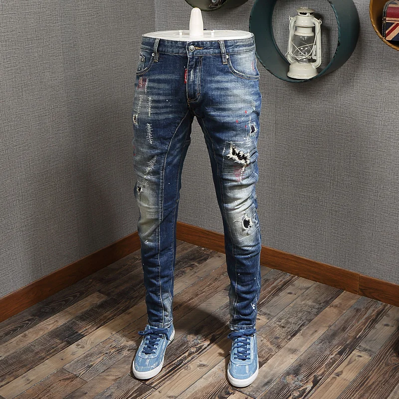 Fashion Streetwear Men Jeans High Quality Retro Blue Destroyed Ripped Jeans Men Slim Fit Baggy Pants Italian Style Hip Hop Jeans Fashion Streetwear Men Jeans High Quality Retro Blue Destroyed Ripped Jeans Men Slim Fit Baggy Pants Italian Style Hip Hop Jeans
