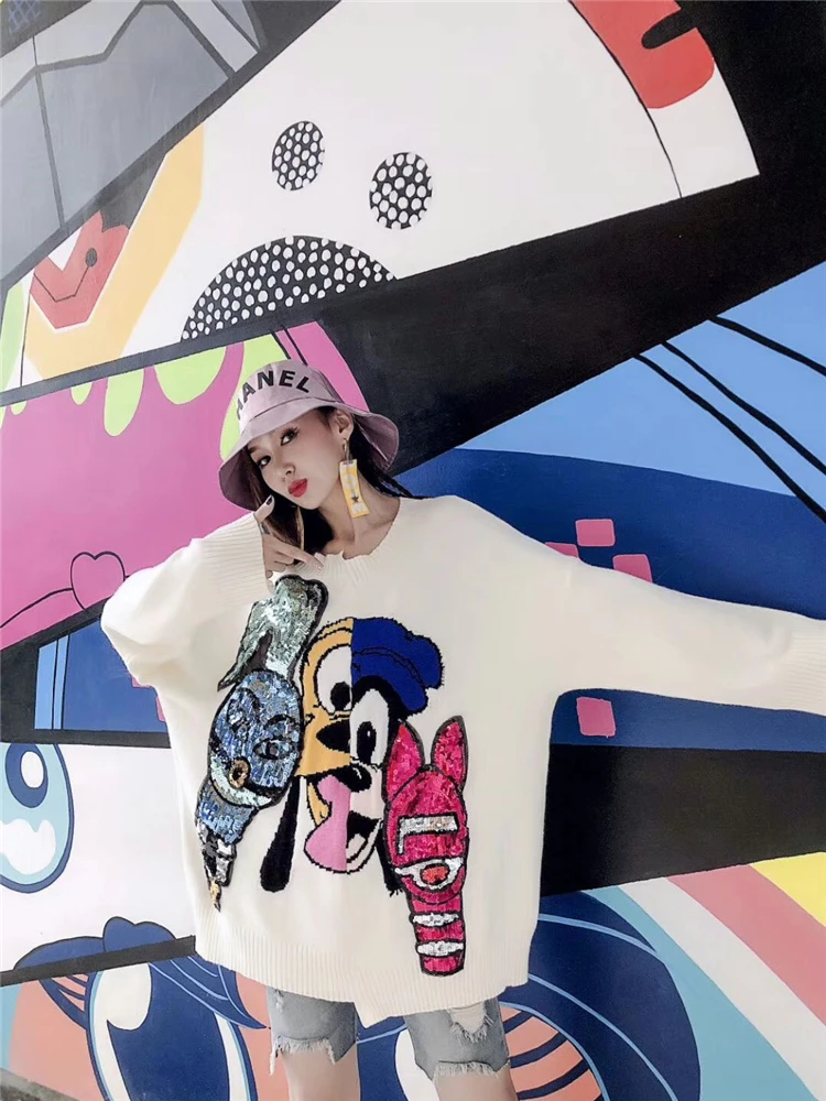 Тайская уличная мода личности блестки патч мультфильм носить свитер женский ленивый ветер свободные старение нестандартная рубашка осень