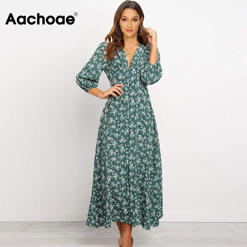 Aachoae Women V Neck Long Shirt Dress 2020 Autumn Floral Print Three Quarter Sleeve Split Dress Casual Button Boho Midi Dresses Aachoae Women V Neck Long Shirt Dress 2020 Autumn Floral Print Three Quarter Sleeve Split Dress Casual Button Boho Midi Dresses