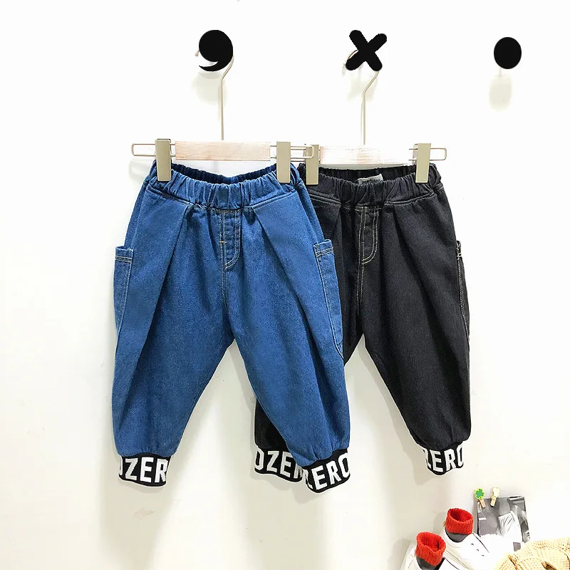 

BOY'S Denim Trousers 2019 Autumn Korean-style Children Knit Harem Jeans Small CHILDREN'S Lettered Joint Ankle Banded Pants Sub-