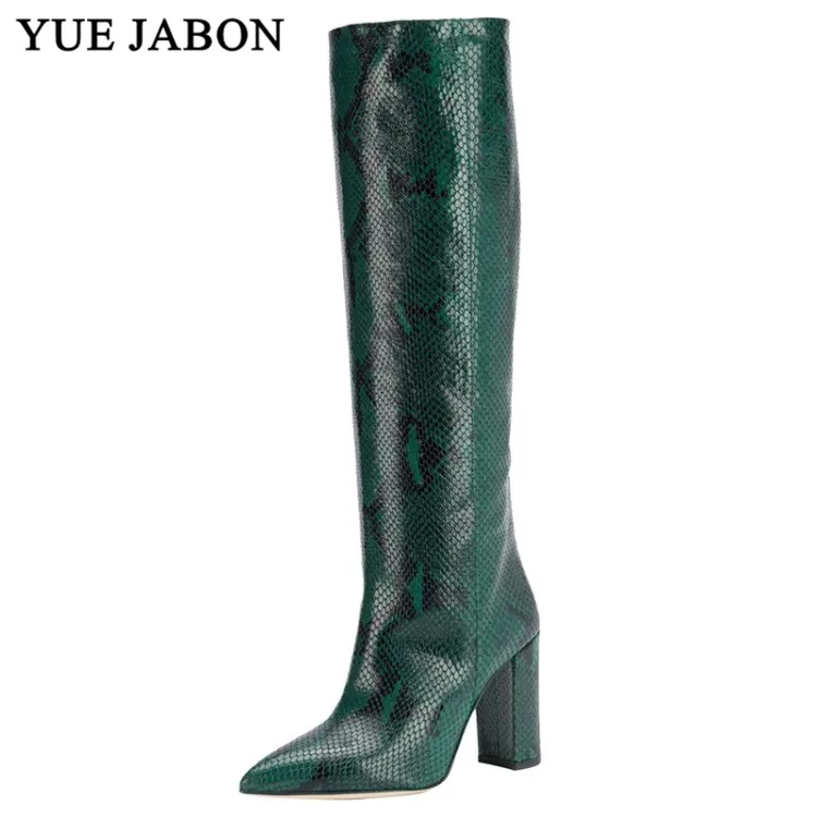 

2019 New Fashion Leather Embossing Plaid Runway Boots Women Knee High Boots Pointed Toe Square High Heel Ladies Chelsea Boots