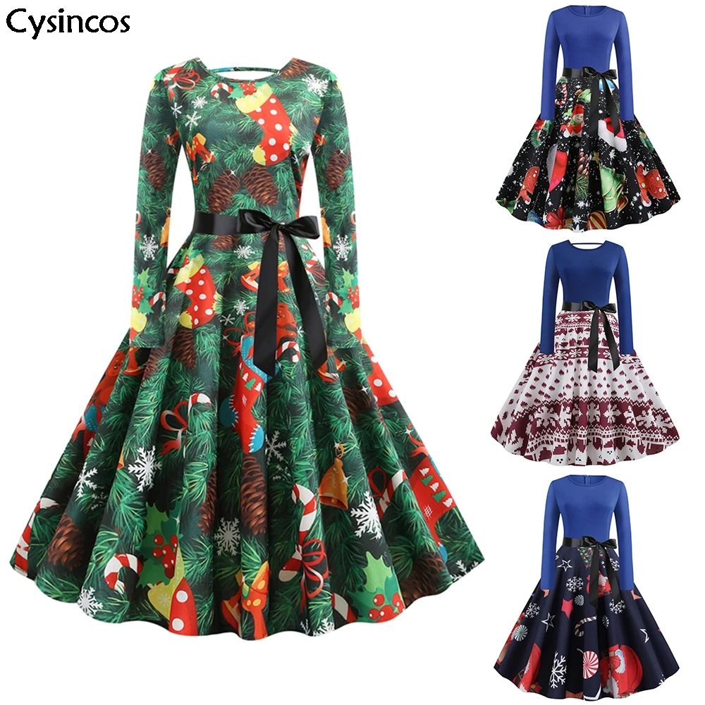 

2019 New Autumn Winter Christmas Dress Women Print Waist Tie Up Big Swing Evening Party Robe Plus Size 5XL Patchwork Vestidos