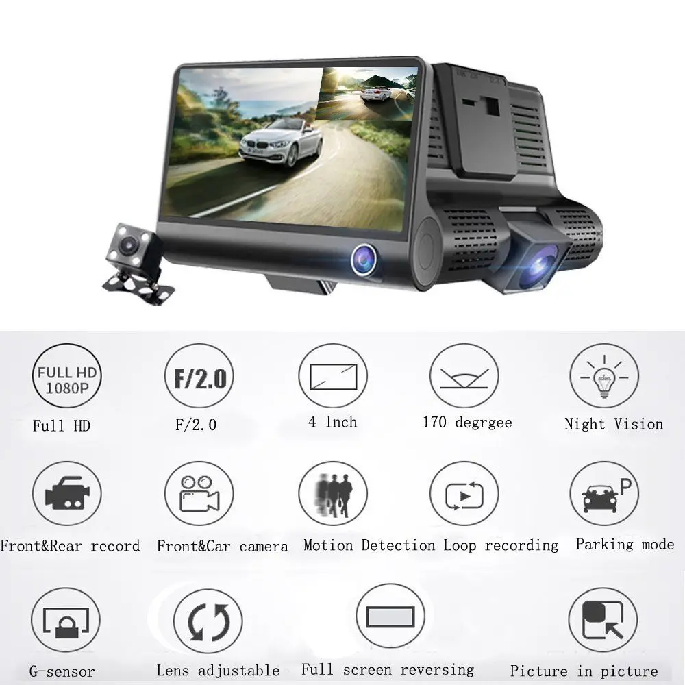 Camecho Автомобильный видеорегистратор 1080P 3 объектив камеры 4,0 дюймов видеорегистратор авто видеорегистратор с камерой заднего вида g-сенсор видеорегистратор