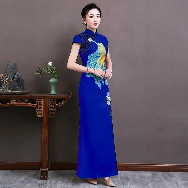 Женское длинное платье Cheongsam в винтажном китайском стиле с воротником-стойкой, весеннее платье с коротким рукавом Qipao, облегающее вечернее платье Vestido S-5XL - Цвет: Синий