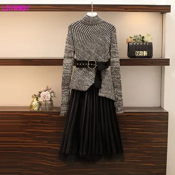 

2019 autumn and winter new Korean women's high collar long sleeve irregular sweater pleated stitching mesh skirt two sets