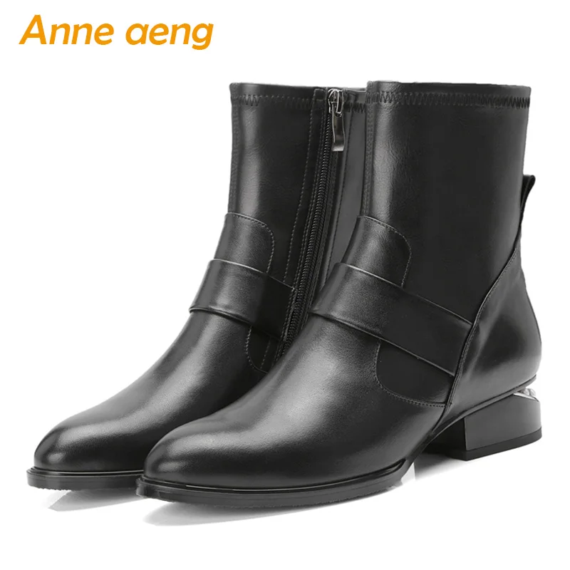 

2019 New Winter Genuine Leather Women Ankle Boots Low Square Heel Round Toe Zip Sexy Ladies Women Shoes Black Warm Short Boots