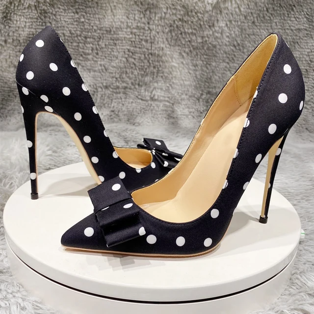 Veowalk Polka Dot Women Silk Satin Pointed Toe Stiletto High Heels Bow Knot Elegant Ladies Party Shoes 8cm 10cm 12cm Pumps Black 3