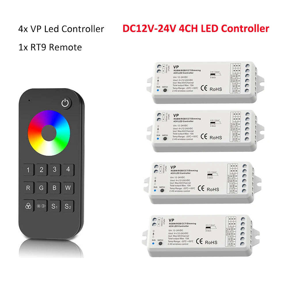 

2.4G Wireless Smart Led Controller 12V 24V 4CH RGB RGBW RGBWW Strip Light Dimmable Control Wireless 4 zone RF Remote Control VP