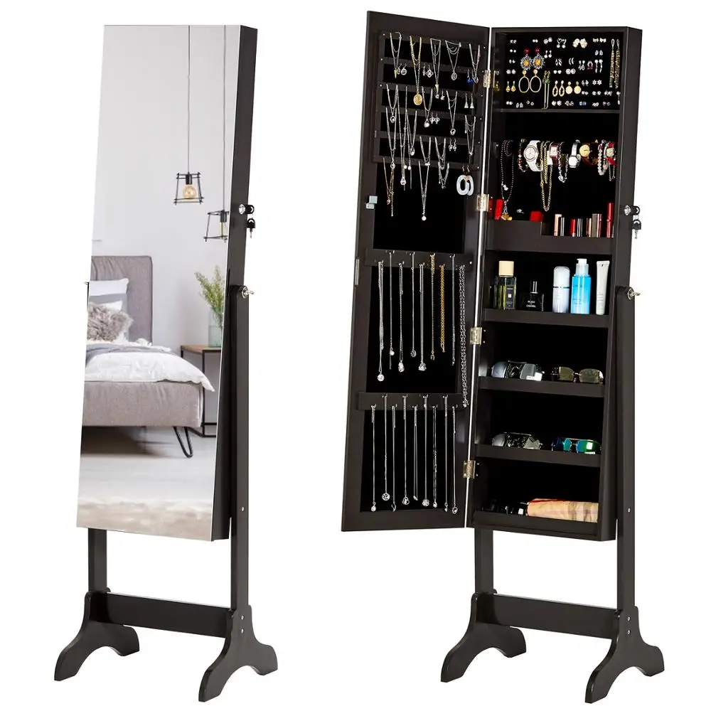 

Jewelry Armoire Lockable Jewelry Cabinet with Standing Full Length Mirror Large Capacity 4 Angle Adjustable Dark Brown
