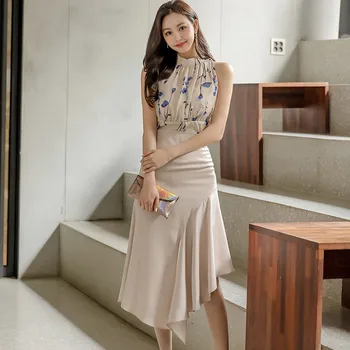 

New 2 Pieces Set Women Summer Fashion Print Shirts Blouses + High Waist Split Ruffles Skirts Suits Korean Chic Office Lady Sets