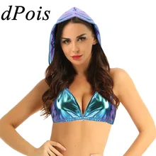 Женский Блестящий металлический глубокий v-образный вырез с открытой спиной с капюшоном бюстье бюстгальтер бикини топы