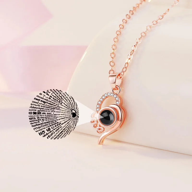 golden love heart Воспоминания о романтической любви свадебное ожерелье розовое золото и серебро 100 языков I love you Проецирование кулон ожерелье - Окраска металла: golden love heart