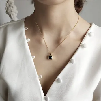 

RUIYI Korean Style Real 925 Sterling Silver Niche Chokers Women Geometric Square Deep Blue Zircon Pendant Stylish Chic Necklace