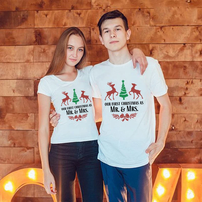 1 шт. первое Рождество как мистер миссис пара одинаковые футболки Kawaii Graphic Tees Harajuku
