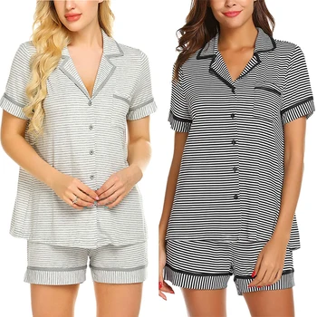 

Women Short Sleeves Turn Down Collar Striped Pajamas Set Button Up Top Short Pants 2 Piece In 1 Pajamas Set Summer Homewear